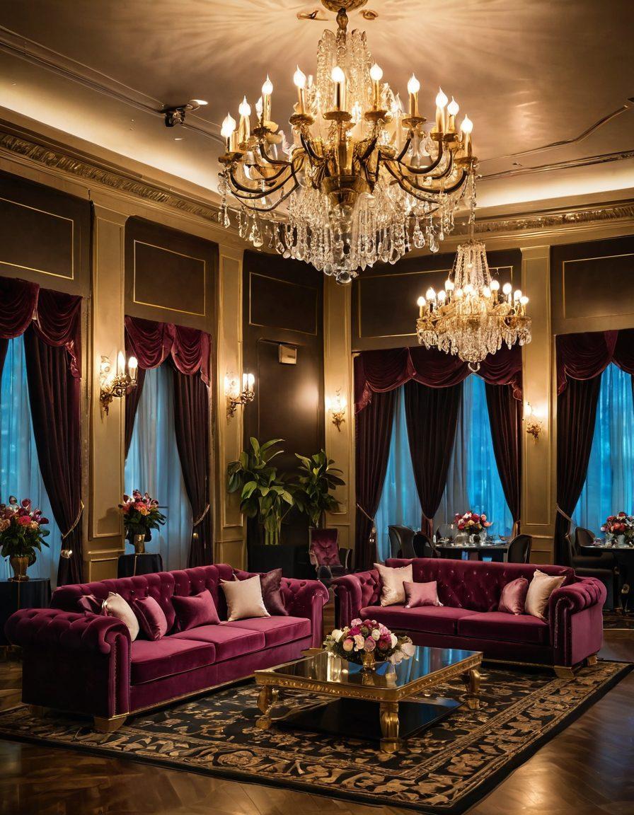 A lavishly decorated event space featuring exquisite luxury furnishings, including plush velvet sofas, ornate chandeliers, and elegant tables set for a grand celebration. The atmosphere is complemented by lush floral arrangements and ambient lighting that creates a warm and inviting mood. Showcase a diverse group of people enjoying the event, emphasizing the joy and elegance of special occasions. Art deco elements add a timeless touch. super-realistic. vibrant colors. opulent atmosphere.