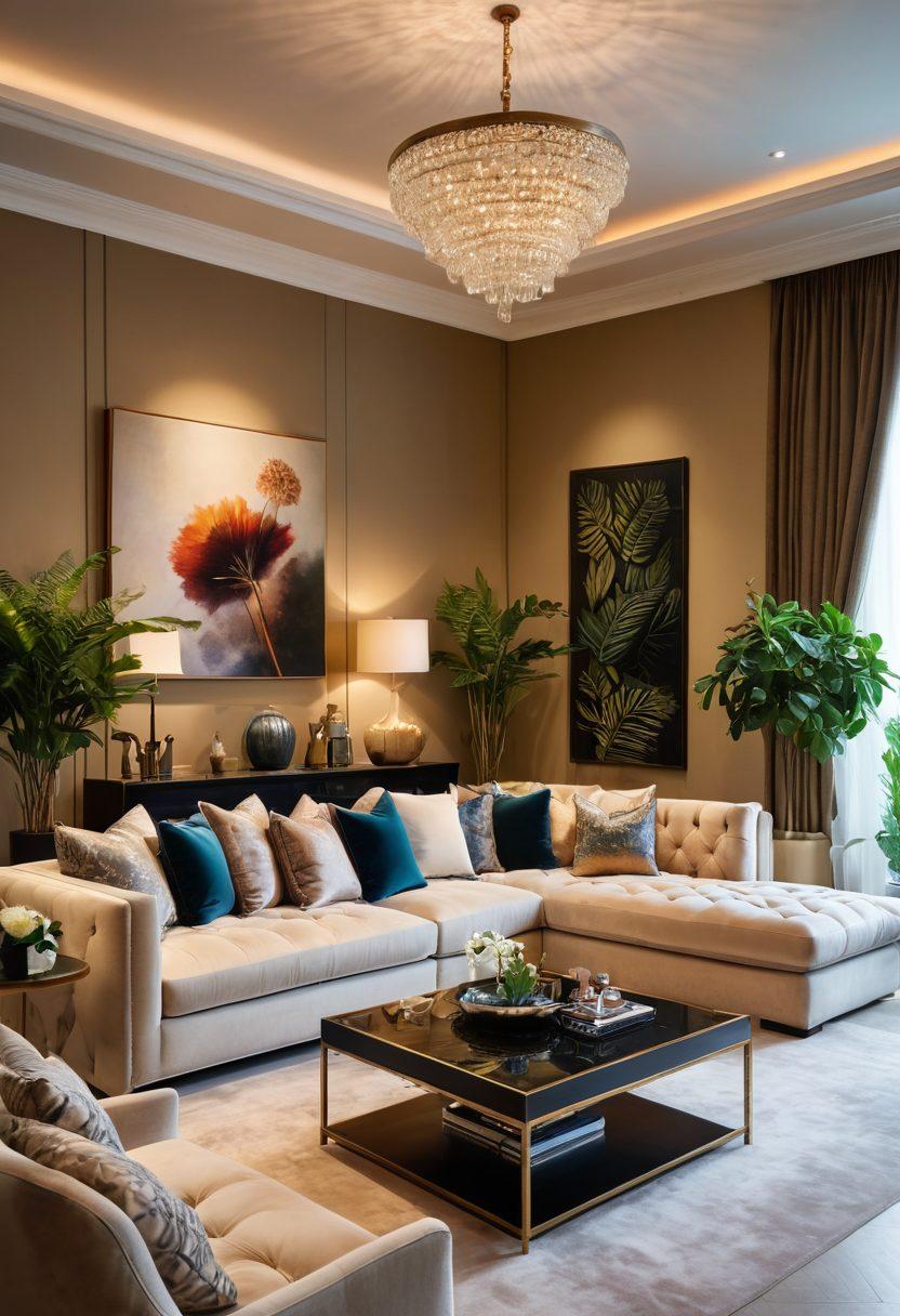 A luxurious living room showcasing custom bespoke seating solutions, featuring elegant sofas with unique fabrics, a stylish tufted armchair, and a chic coffee table. The space is illuminated by soft, warm lighting, with decorative pillows and throws adding a touch of comfort. A splash of greenery from potted plants in the corner enhances the cozy ambiance. Modern and inviting atmosphere, perfect for relaxation. super-realistic. vibrant colors. warm lighting.