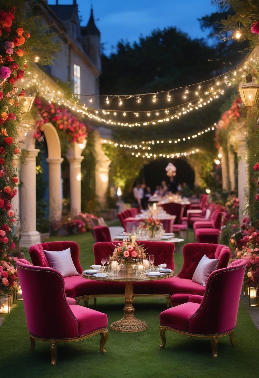 A lavish outdoor event scene featuring elegant and unique seating arrangements, like plush velvet chairs and ornate lounge sets, surrounded by vibrant floral decorations and twinkling fairy lights. Guests in stylish attire enjoying the ambience, with a lavish table setting in the background. The scene should exude sophistication and creativity. super-realistic. vibrant colors. soft focus.